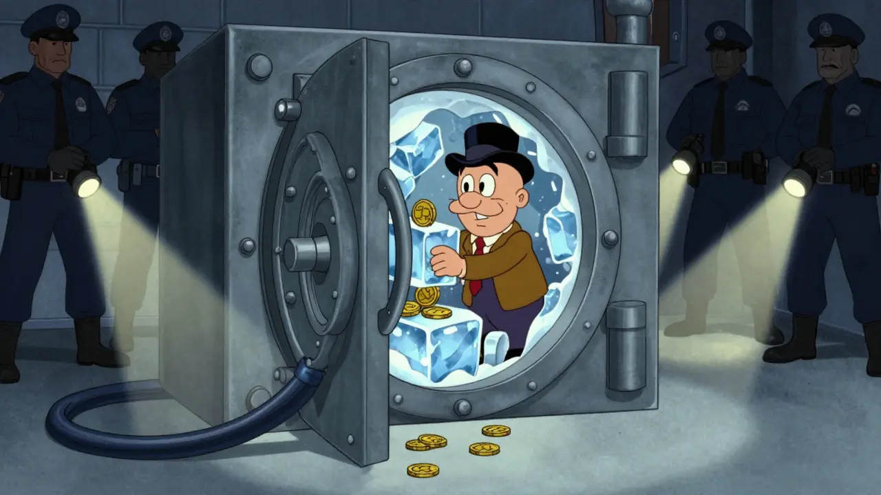 Cartoon vault locked shut with law enforcement shadows looming
