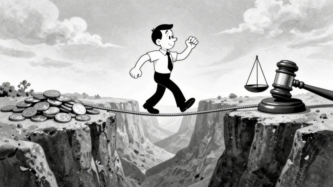 Character balancing on a tightrope between coins and a gavel.