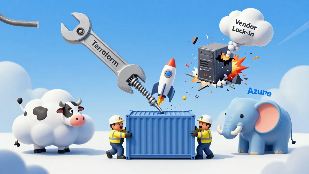 Engineers deploy one container across three different cloud environments using a giant wrench labeled Terraform.