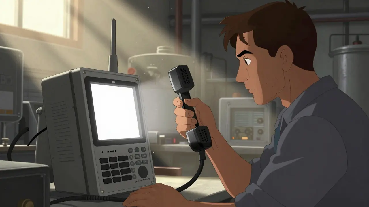 Industrial worker viewing high-contrast phone in bright sunlight