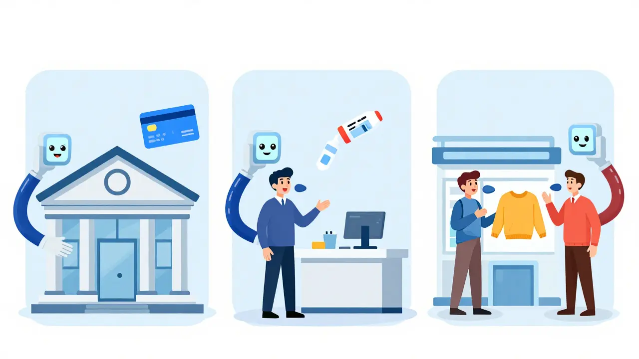 Three industries — banking, healthcare, and retail — shown with AI systems understanding natural speech and solving problems instantly.