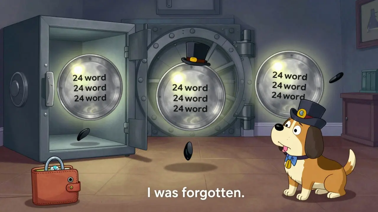 Three metal seed phrase plates float in different locations — home safe, bank vault, and with a trusty dog — while a lonely wallet cries in the corner.