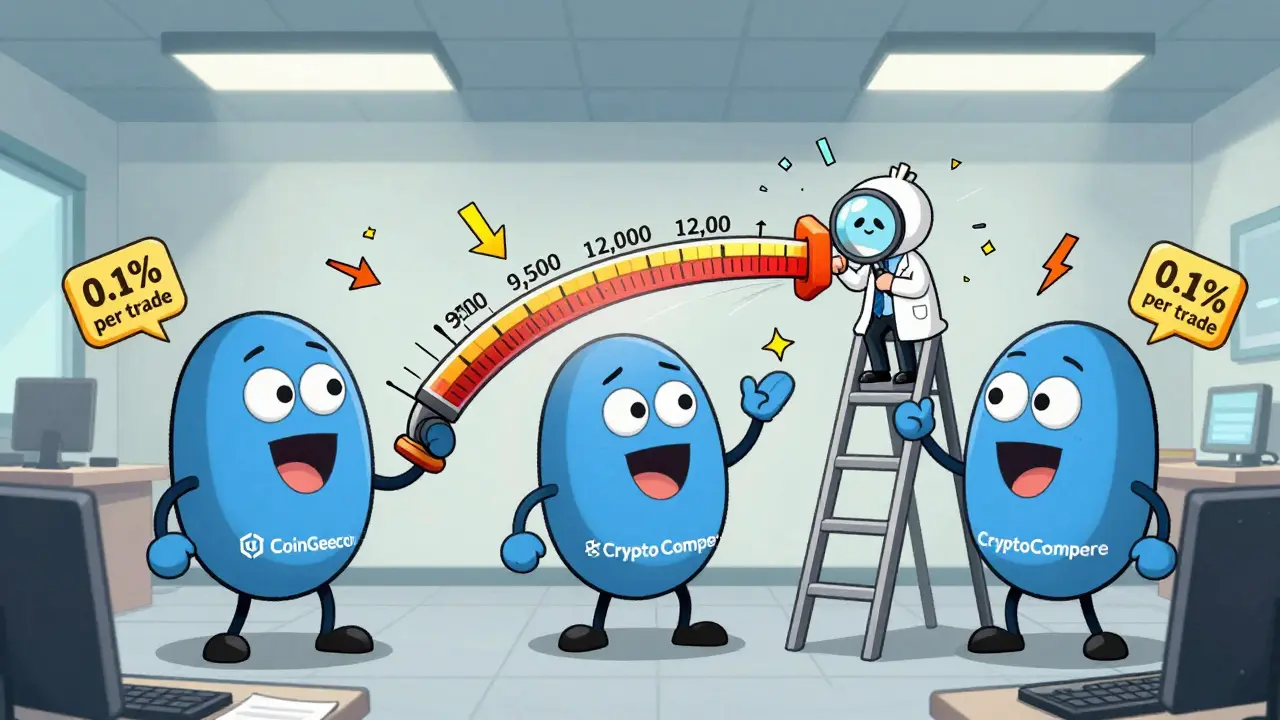 Three wobbly data providers arguing over a spinning Bitcoin volume meter, with slippage arrows floating nearby.