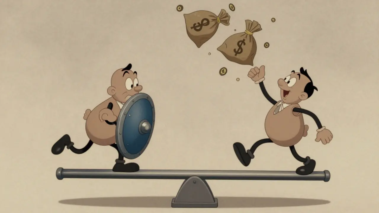 Two cartoon figures balancing on a seesaw with shields and money bags.