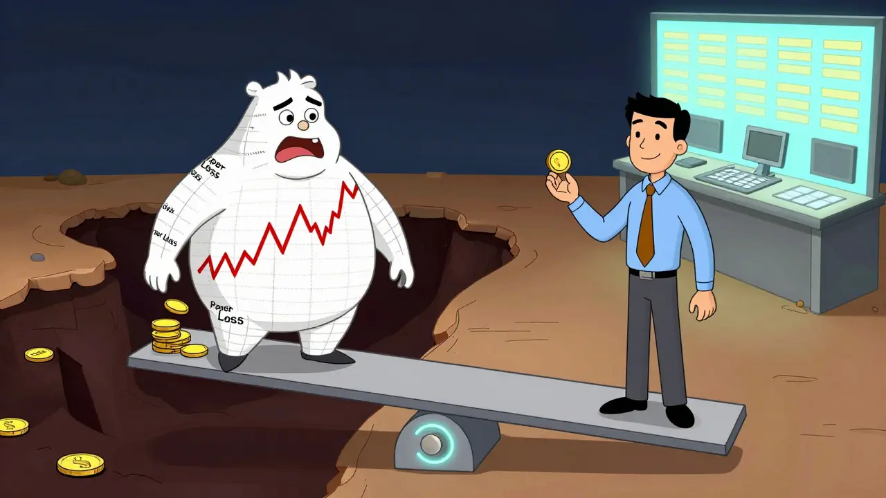 Two traders on a seesaw: one overwhelmed by paper losses, the other calm after realizing a loss and resetting.