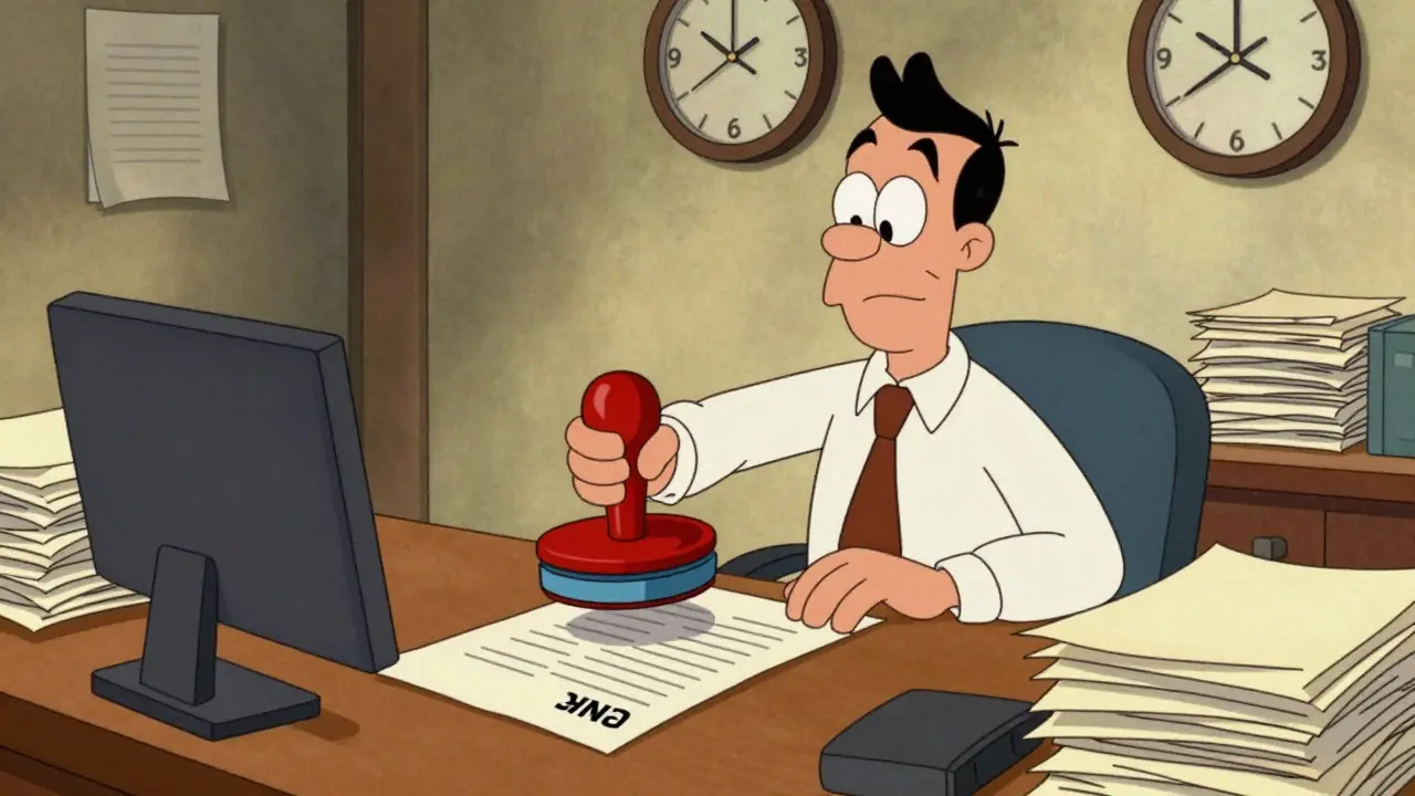 Vintage clerk stamping documents at a cluttered desk.