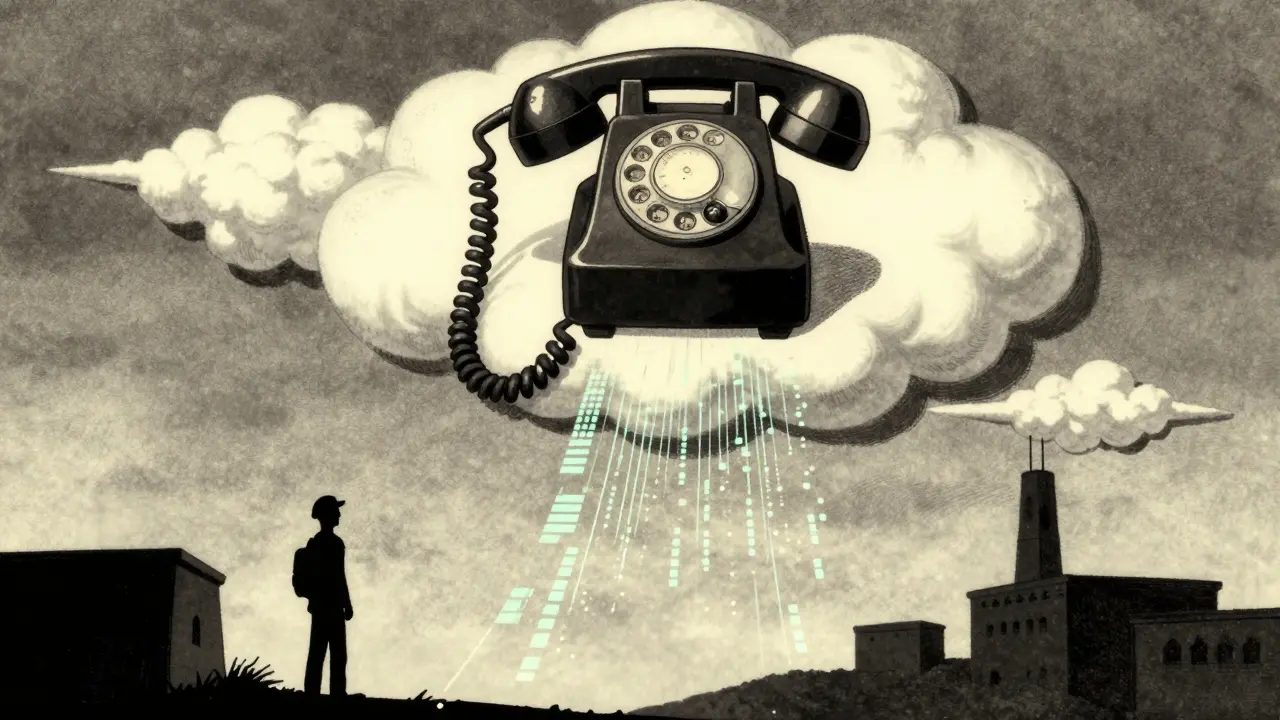 Vintage phone floating in clouds transforming into digital data streams