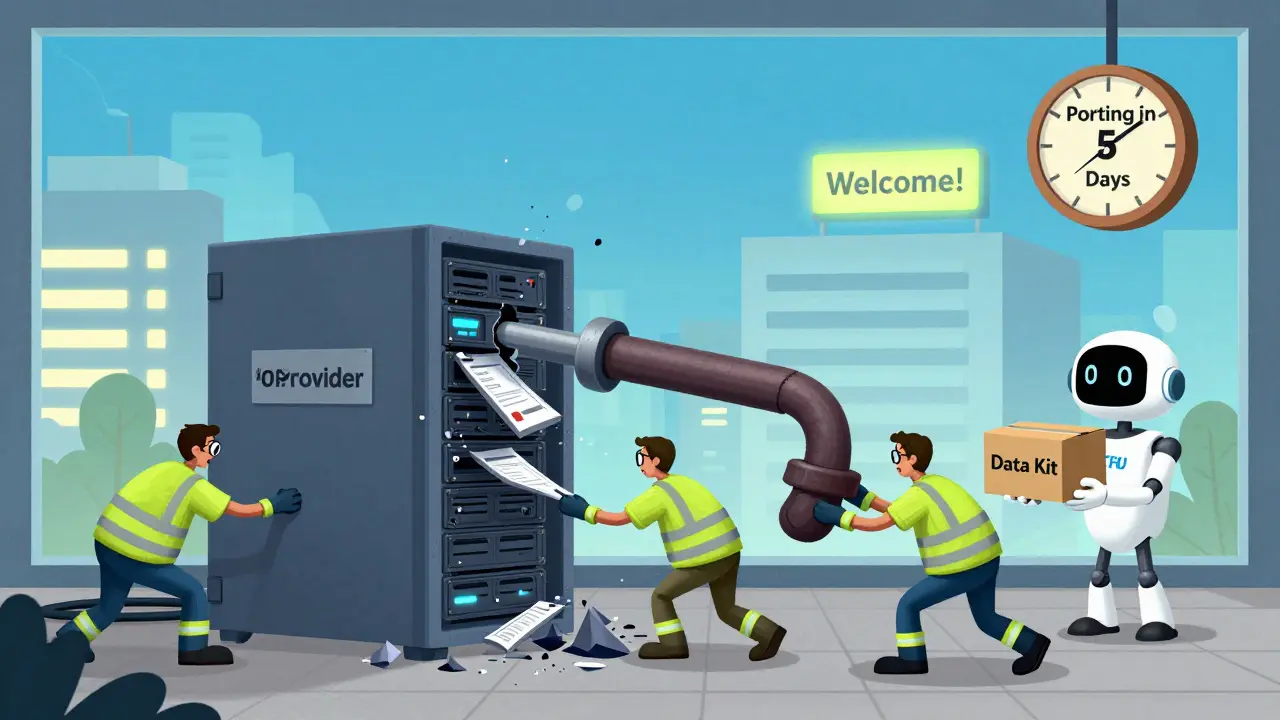 Workers crank a machine to export call logs and IVR data from a crumbling server as a new provider awaits.