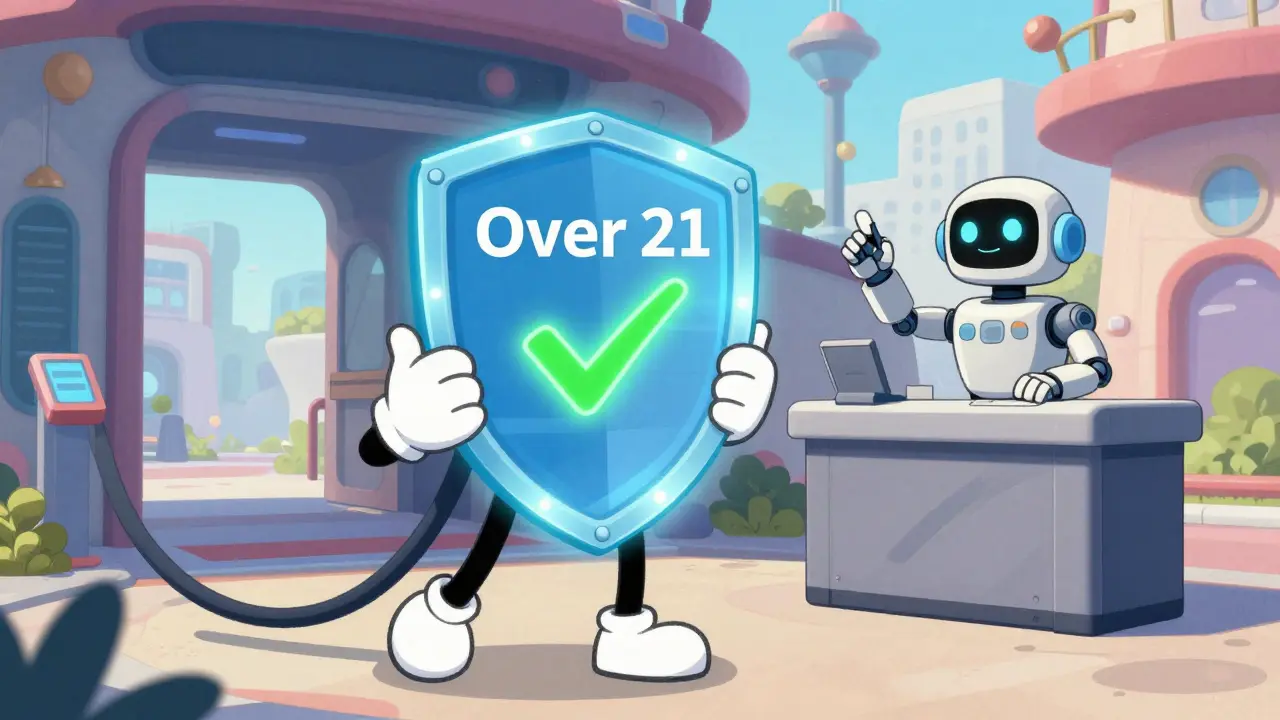 A character showing a glowing green checkmark credential to a robot bouncer in a virtual city.