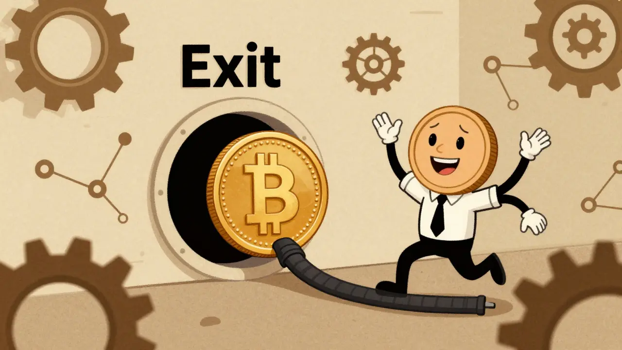 A crypto coin character transforming from a businessman to a decentralized dancer.