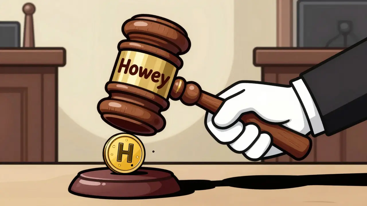 A giant cartoon gavel about to strike a small, nervous cryptocurrency token.