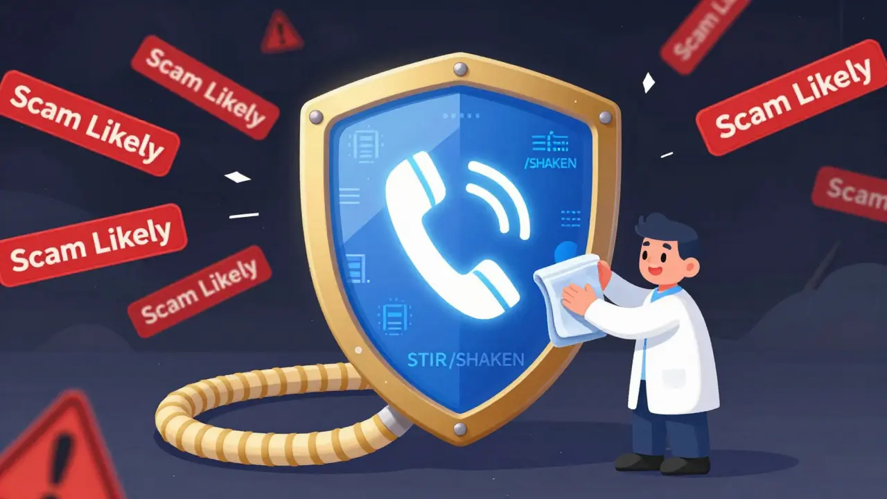 A glowing telephone protected by a digital shield from spam labels.