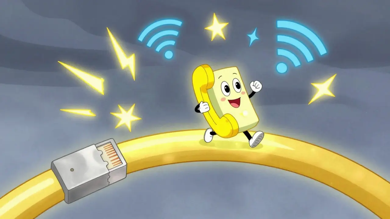 A happy IP phone traveling safely across a sturdy Ethernet cable bridge.