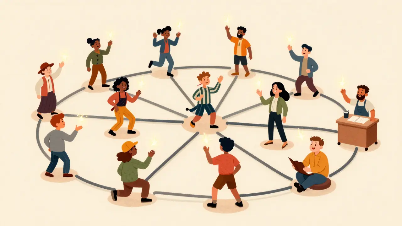 A network of cartoon characters exchanging tiny, fast payments through glowing connections.