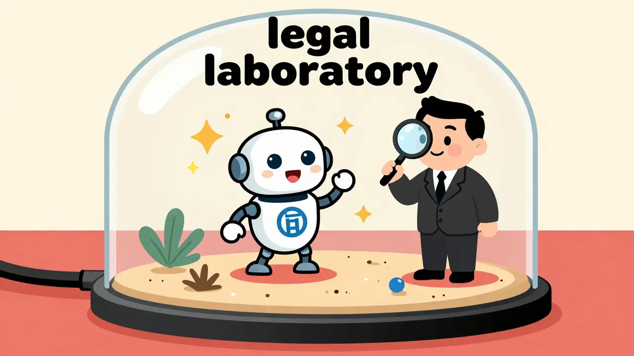 A robot smart contract being tested in a glass-domed sandbox by a regulator.