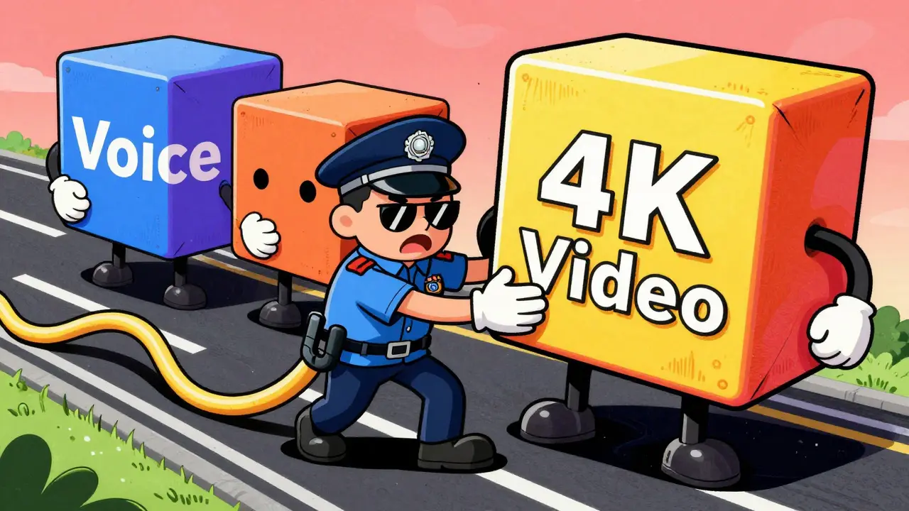 A router character managing a crowded digital highway of data packets.