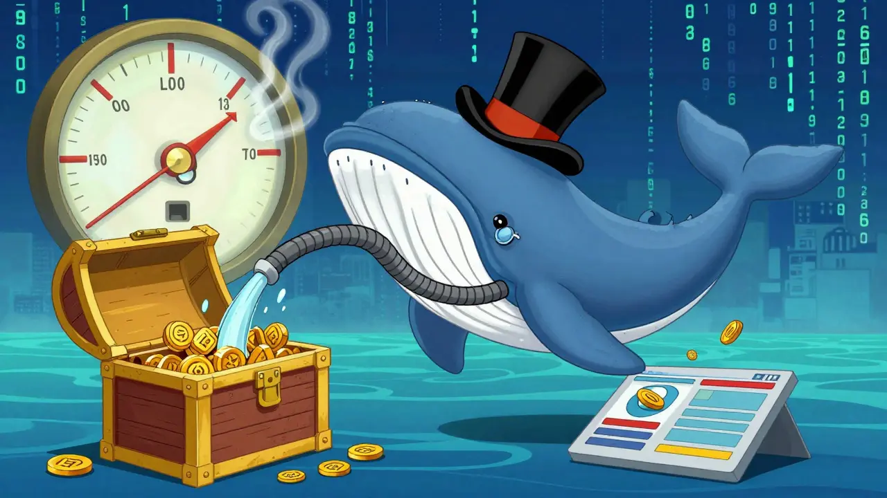 A sophisticated whale character vacuuming tokens from an exchange into a treasure chest.