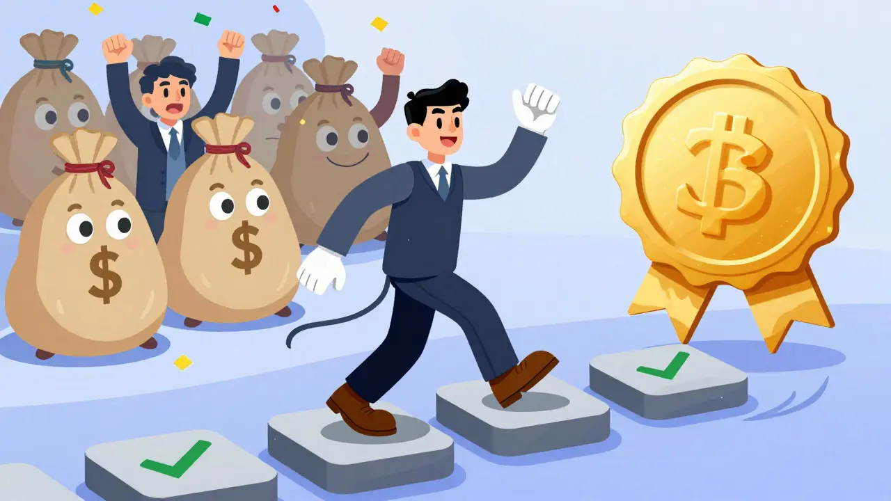 A startup character walking a path toward a gold seal of approval with cheering investors.