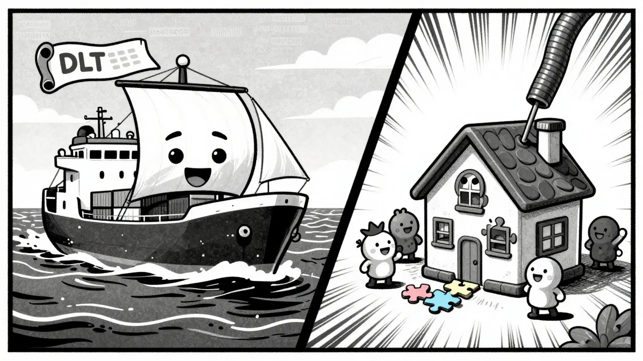 A stylized cargo ship and a house divided into puzzle pieces representing DLT in trade and real estate.