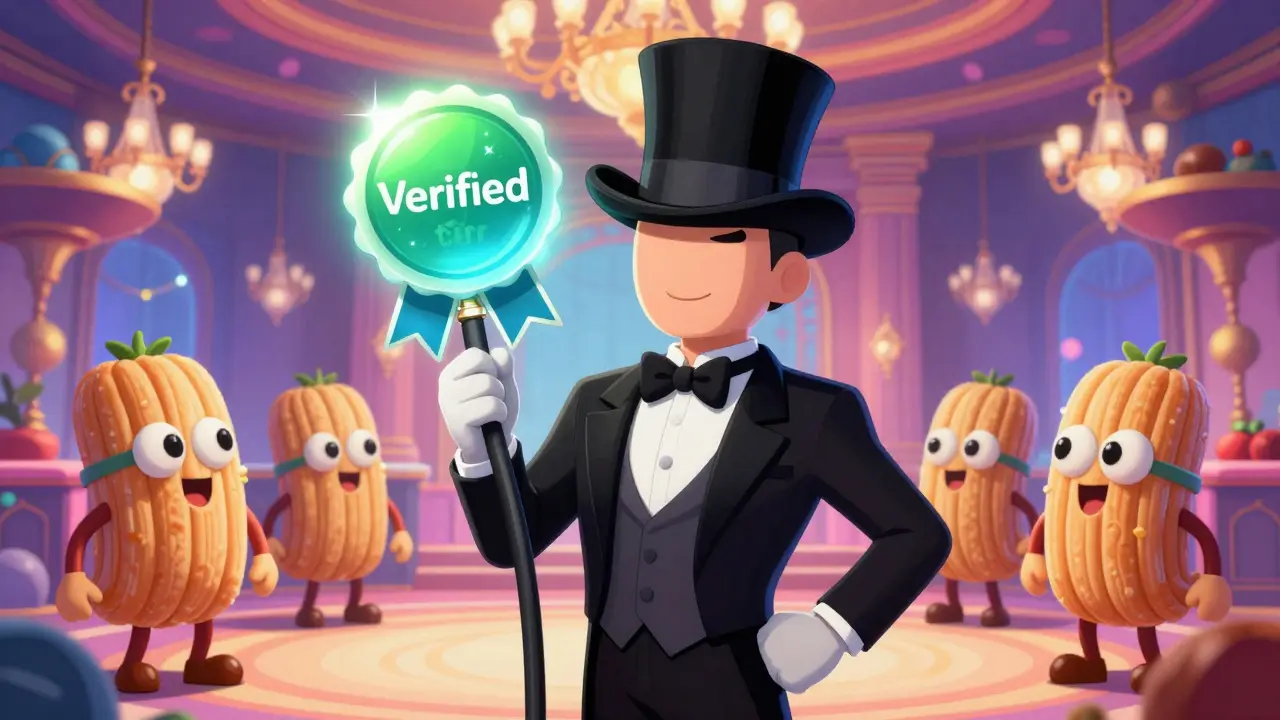 A verified avatar with a shimmering badge in a whimsical virtual ballroom, rubber hose style.