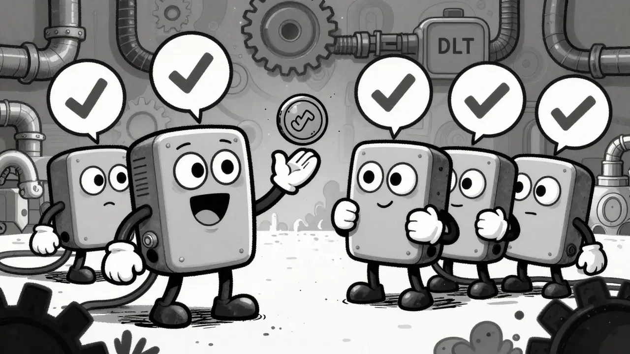 Anthropomorphic computer nodes validating a transaction with checkmark bubbles in a vintage cartoon style.