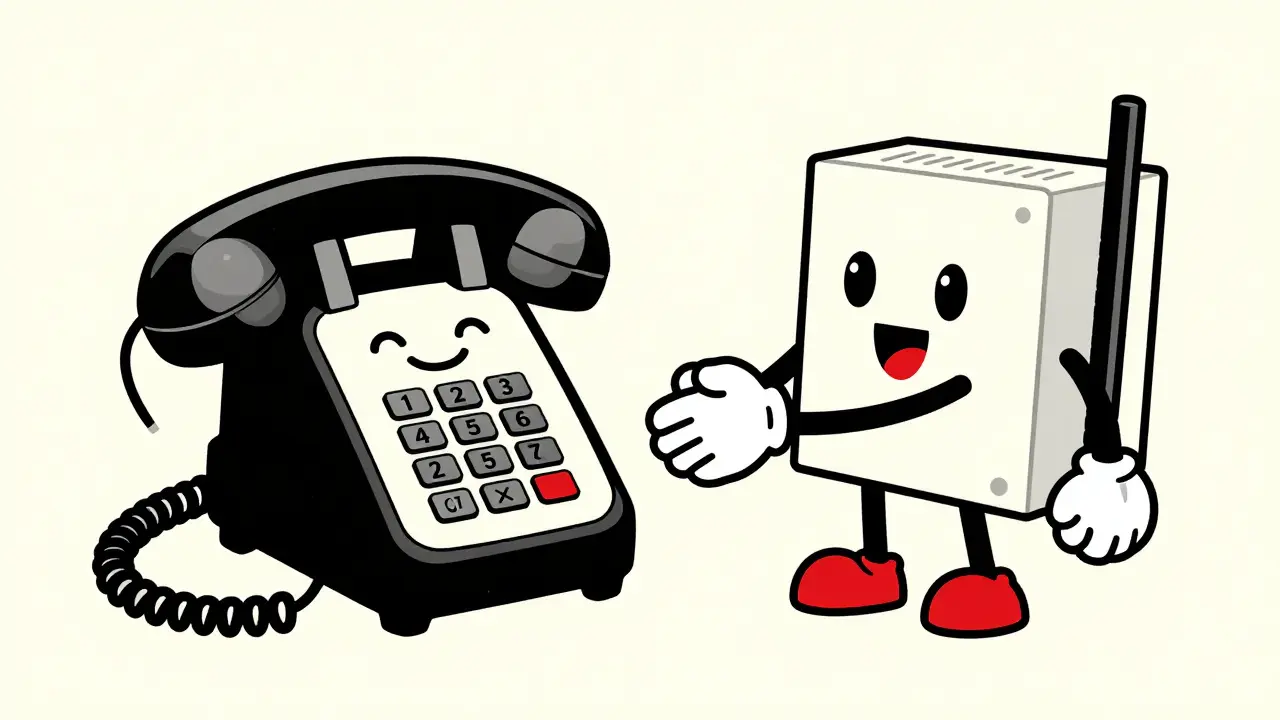 Anthropomorphic IP phone and network router shaking hands in a vintage cartoon style.