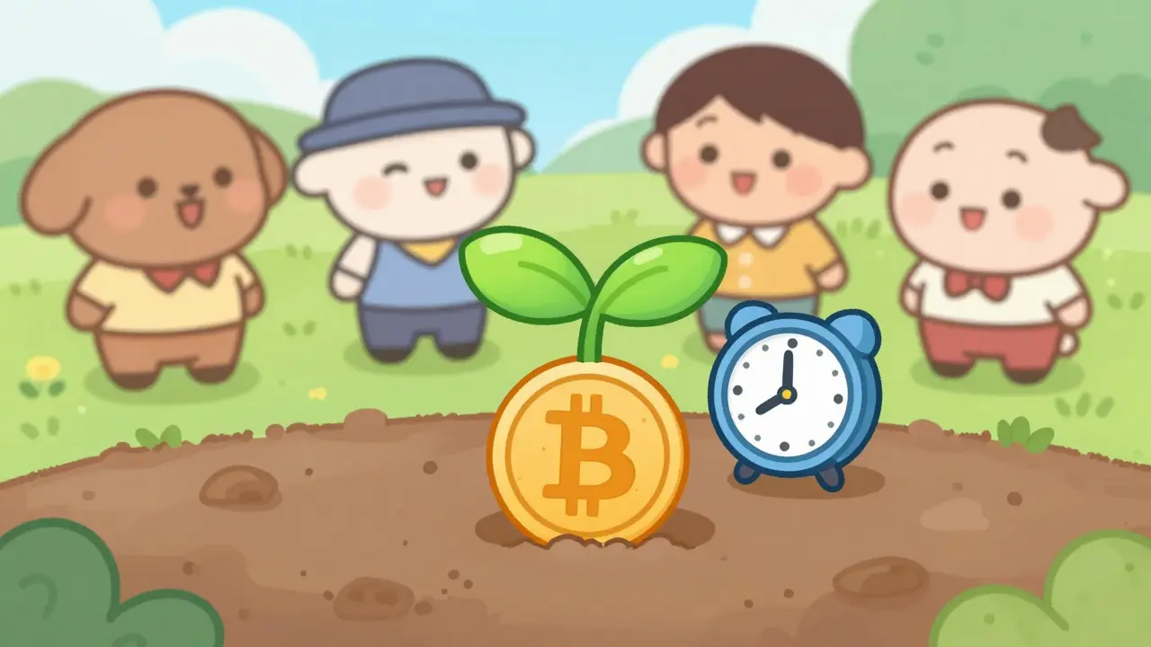 Cartoon Bitcoin seed growing into a clock sprout in a whimsical garden
