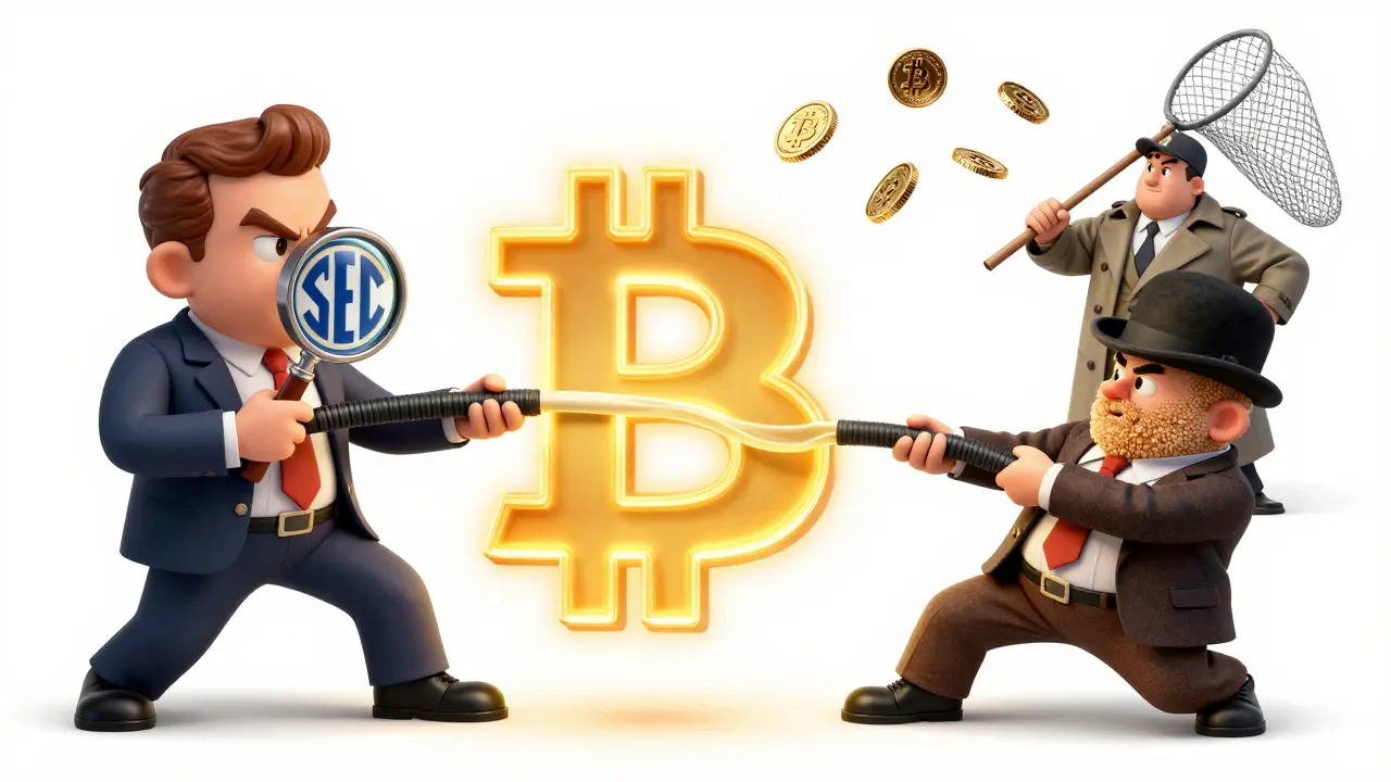 Cartoon depiction of SEC and CFTC characters playing tug-of-war with a Bitcoin symbol.