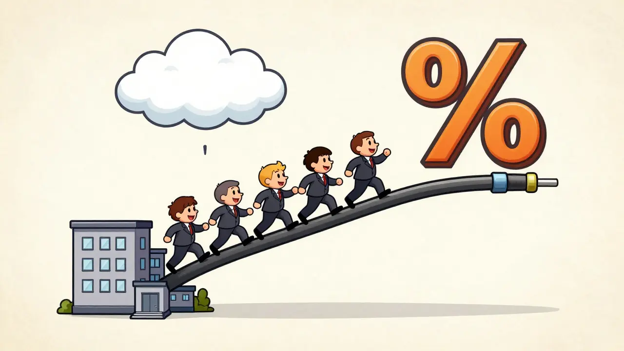 Cartoon office building stretching upward with employees and a percentage symbol.