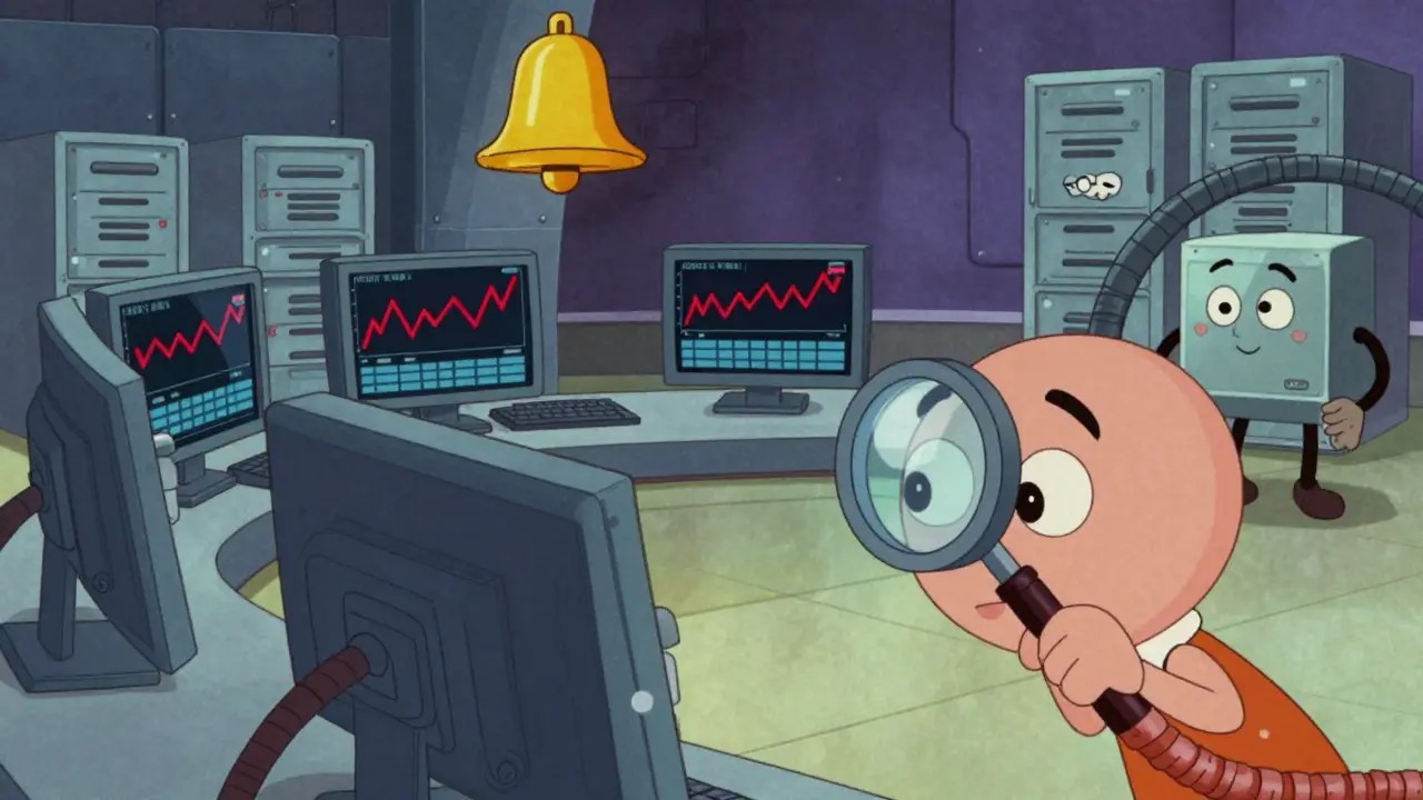 Cartoon operator monitoring wavy red alerts on screens in a server room.