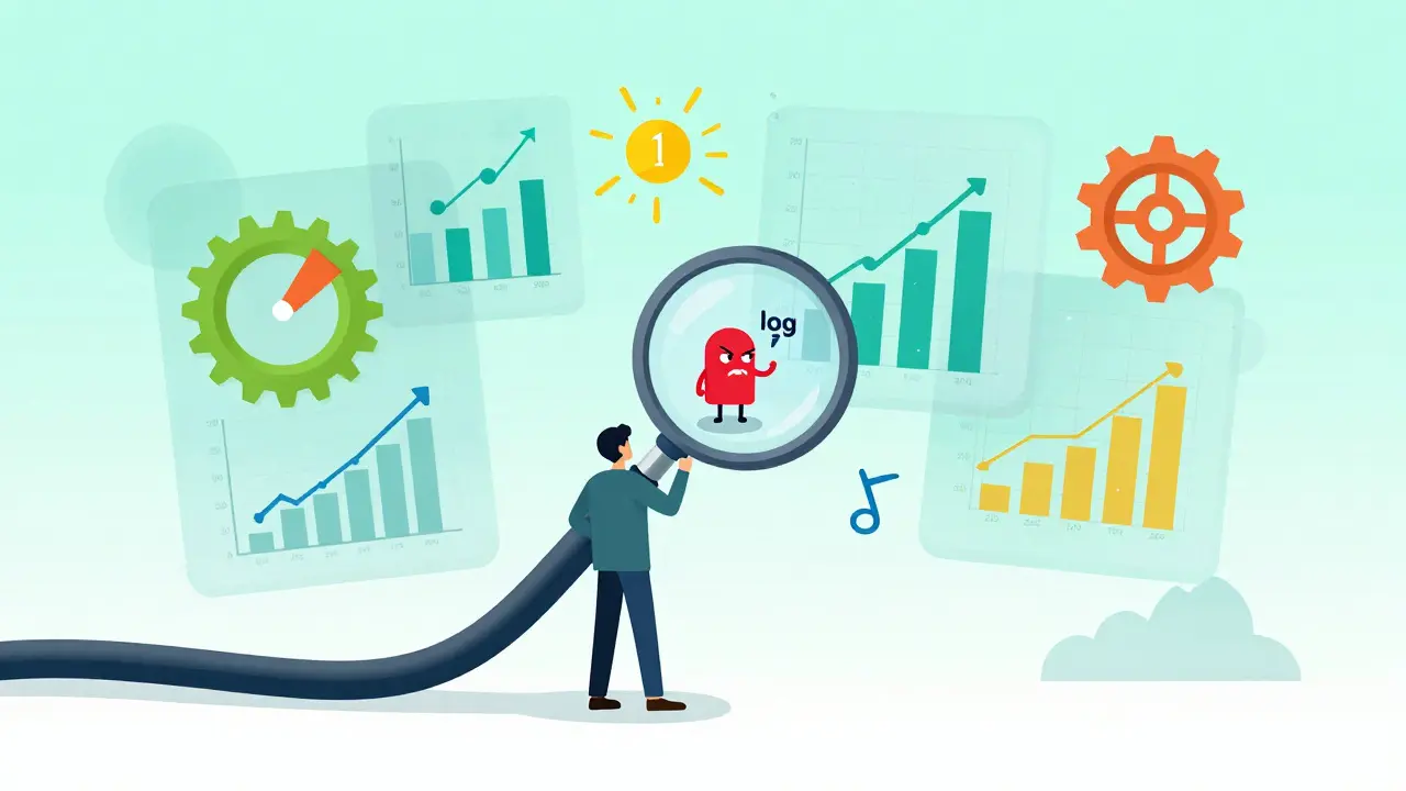 Cartoon trader analyzing performance charts with a magnifying glass