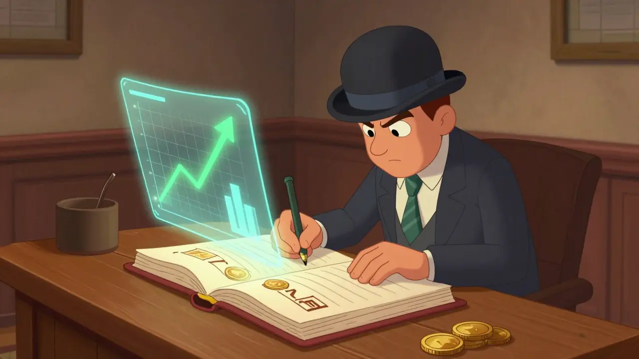 Cartoon trader recording trades in a large ledger book in rubber hose style