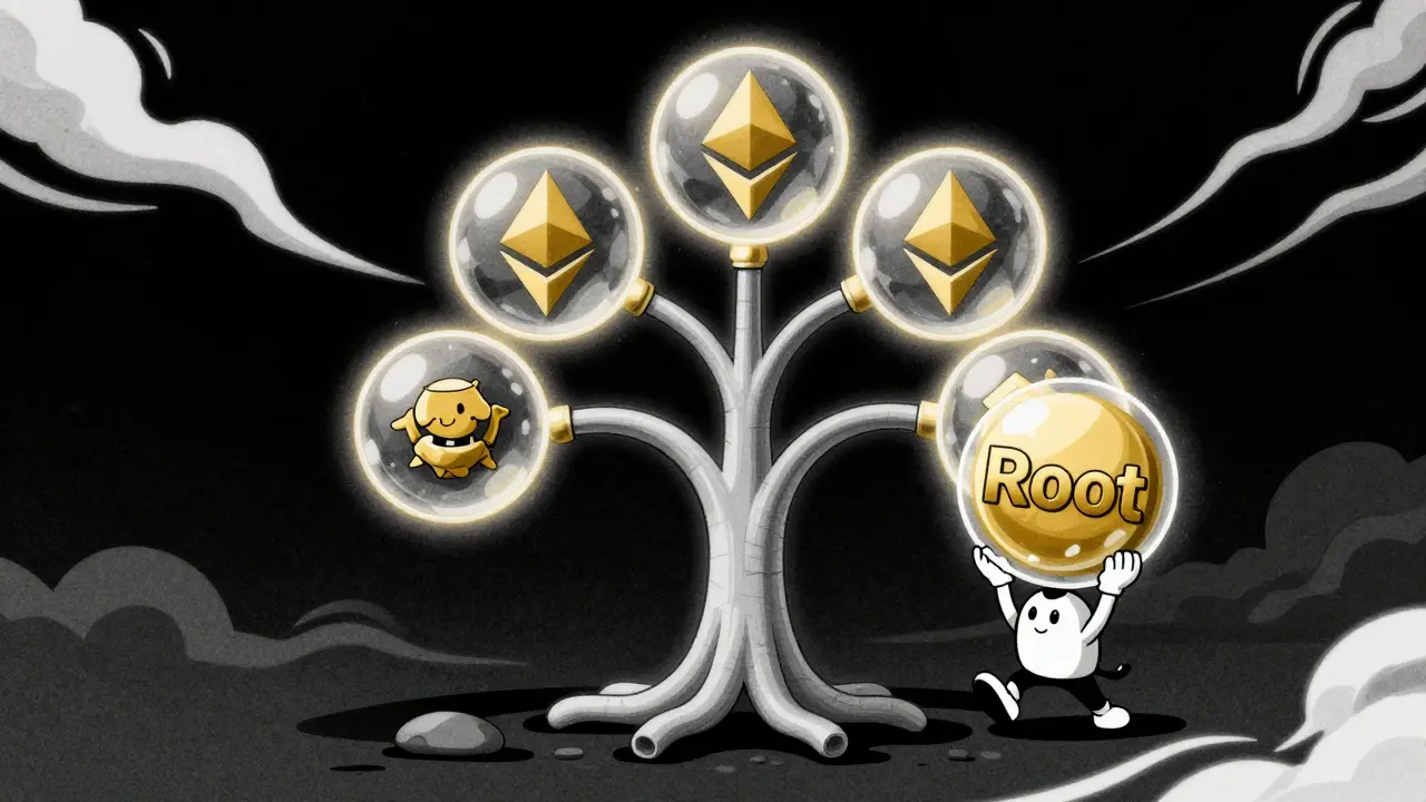 Character carrying a golden root hash up a hose-like Merkle tree structure