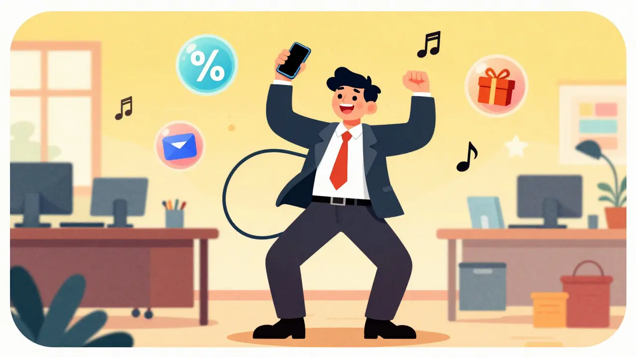 Cheerful cartoon businessman dancing to musical notes and promotional icons