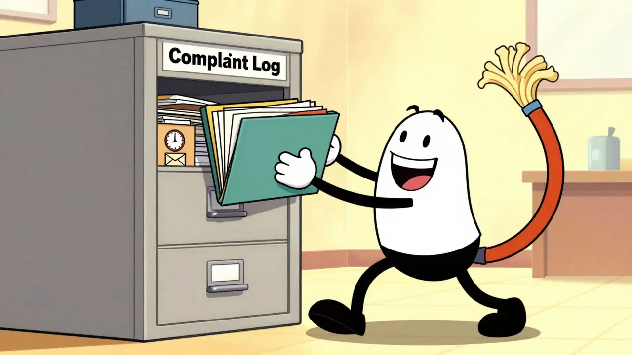 Cheerful cartoon character efficiently organizing a large filing cabinet of customer complaints