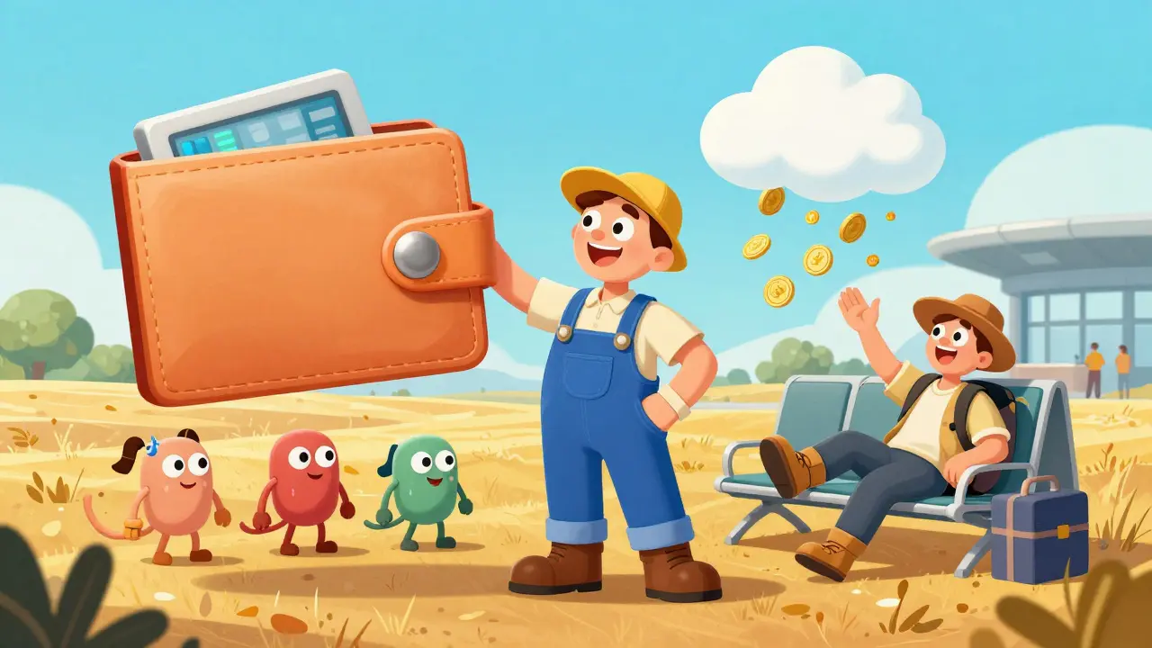 Cheerful farmer and traveler receiving automatic digital insurance payouts in a vintage cartoon style.
