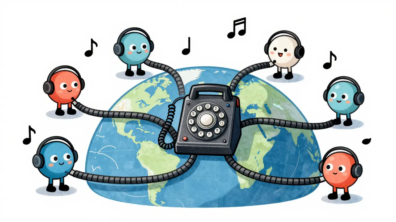 Global telephone network connecting diverse characters with custom music in cartoon style