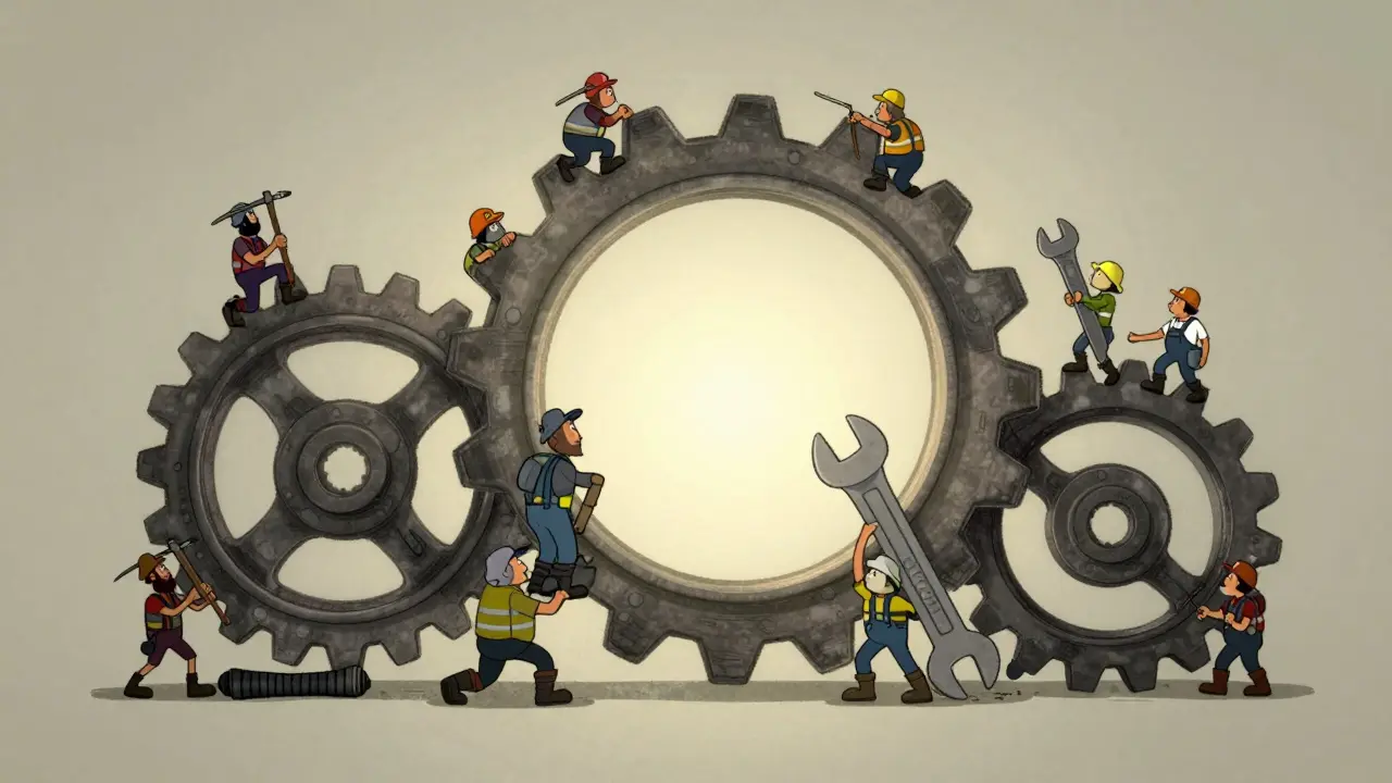 Miners and developers turning large gears together to represent network consensus.