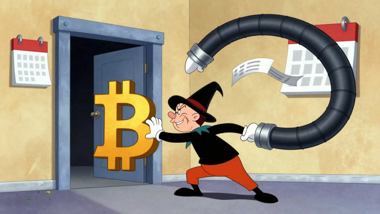 Mischievous cartoon character stopped by a giant arm while trying to move Bitcoin