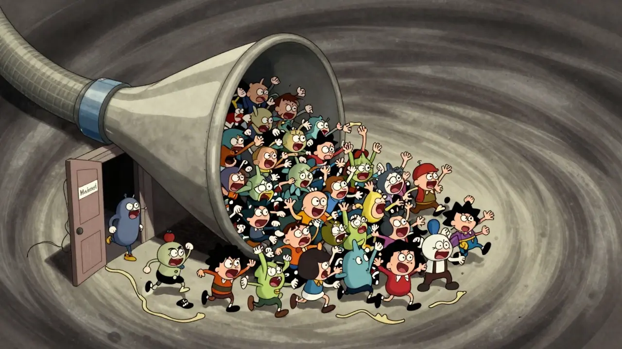 Panicked cartoon characters clogging a narrow door during a mass exit