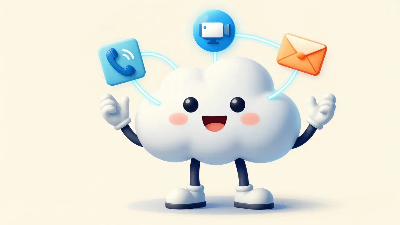 Smiling cloud character unifying phone, video, and message icons in rubber hose style