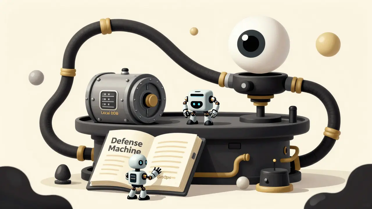 Three-layered mechanical defense system with robots guarding a blockchain vault.