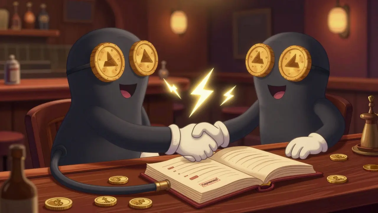 Two cartoon characters shaking hands over a shared payment ledger with electric sparks.
