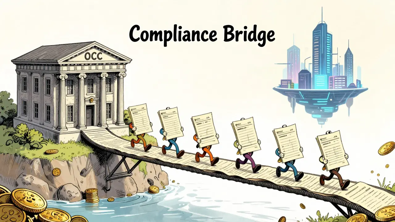 Vintage animation style bridge connecting a traditional bank to a digital crypto city.