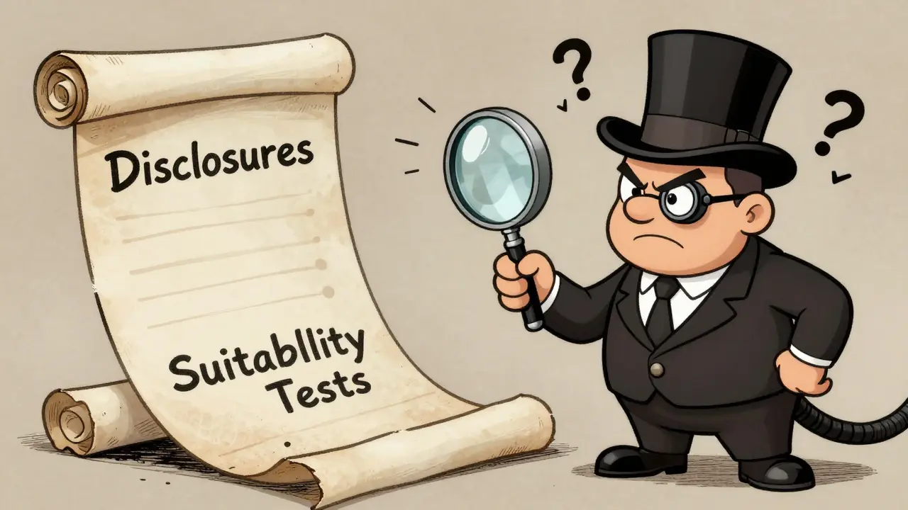 Vintage cartoon auditor examining long scrolls of disclosures and risk assessments with a magnifying glass