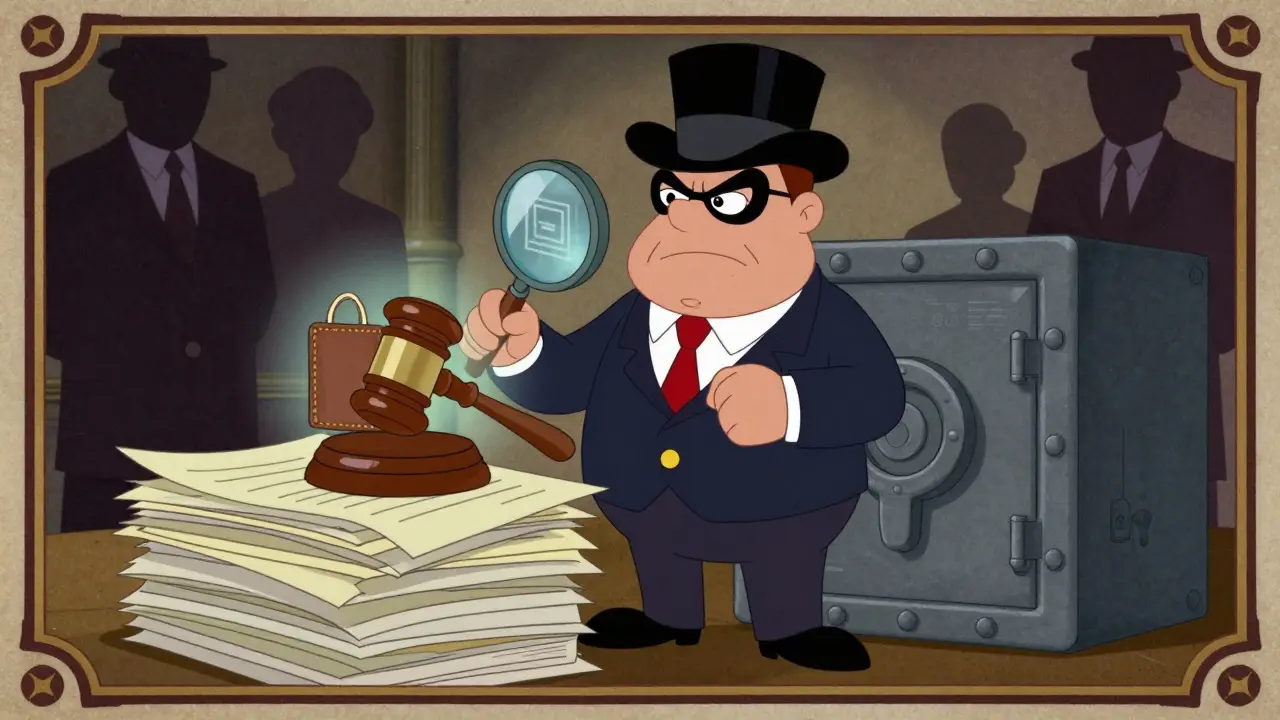 A cartoon lawyer guarding documents and a digital safe to ensure fiduciary compliance.