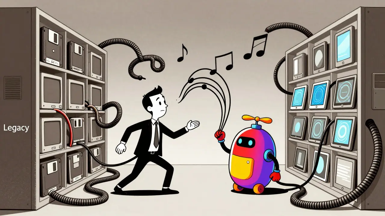 A cartoon robot untangling messy tech cables to connect isolated office systems