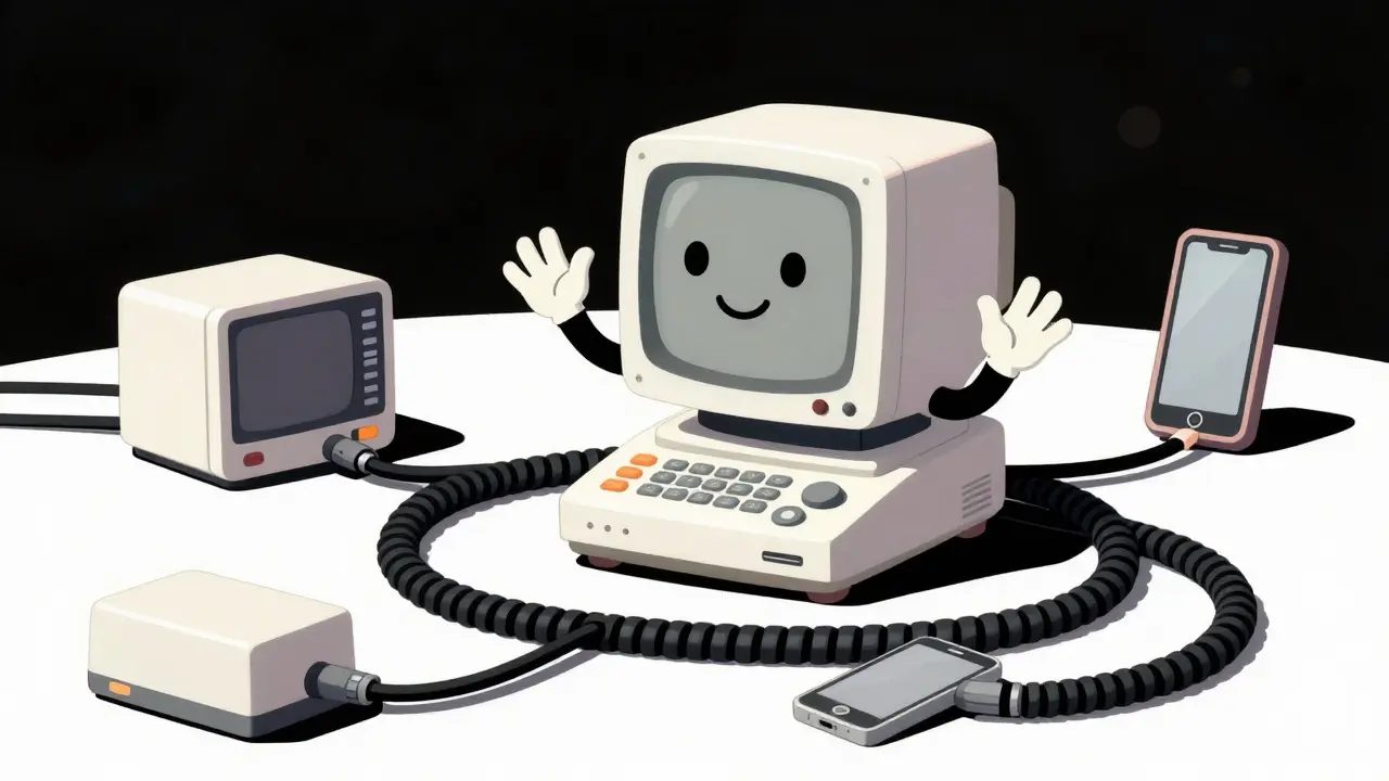 A friendly mainframe computer connecting old and new devices via wavy cables in a retro style.