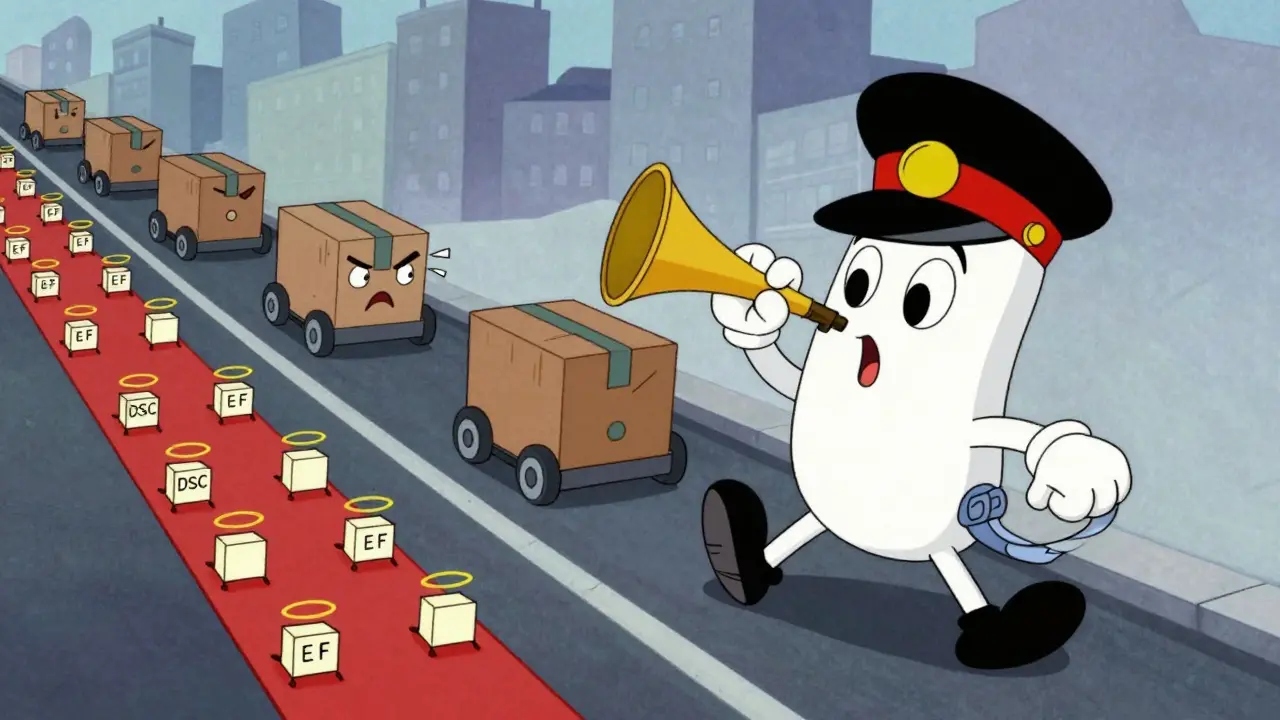 A router character directing traffic lanes for voice and data in rubber hose animation style.