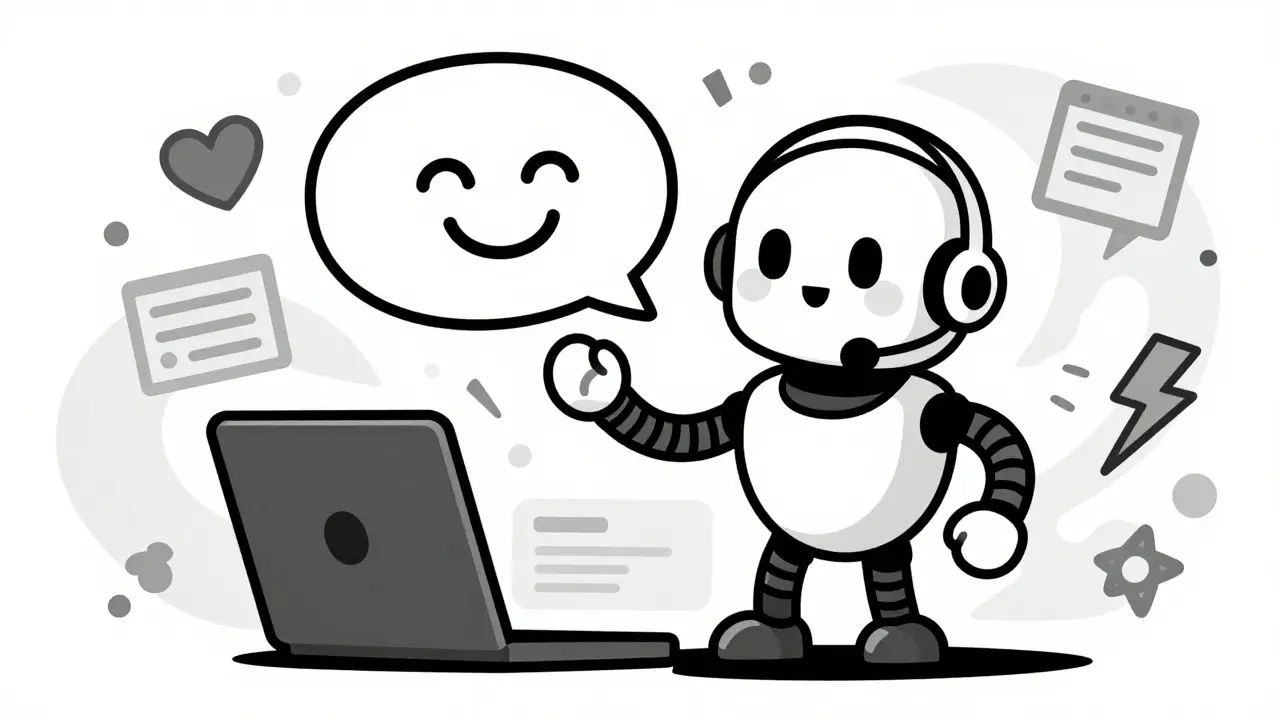 AI robot assistant managing customer sentiment in vintage cartoon style